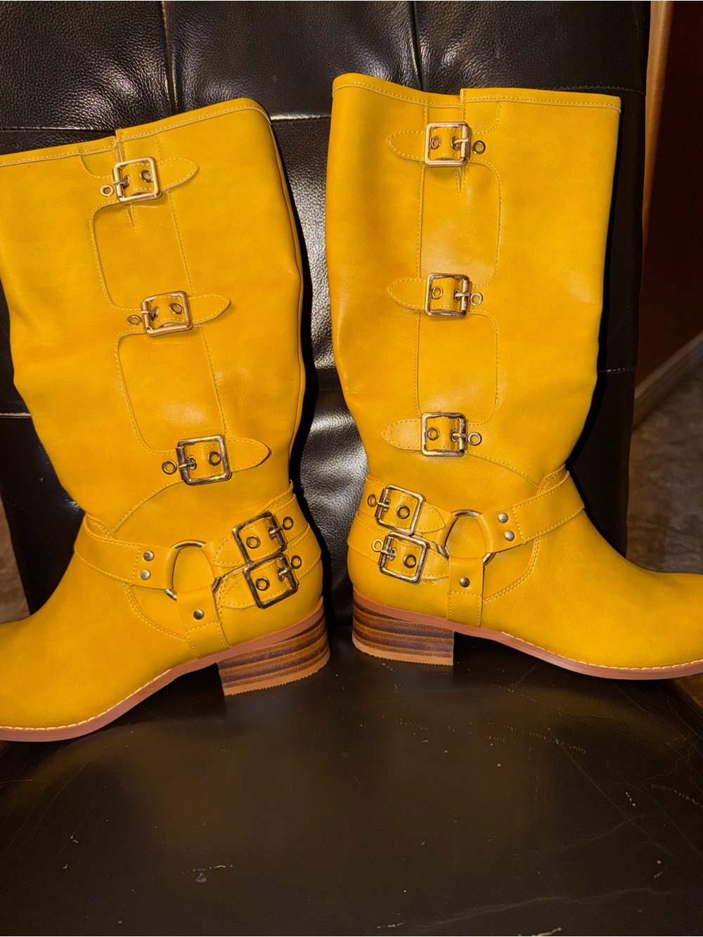 Women’s Yellow Buckle Mid-Calf Boots
